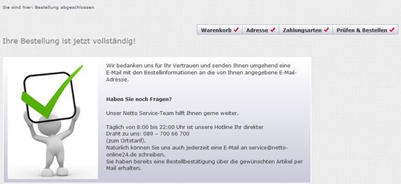 Bestätigung über den Abschluss der Bestellung im Netto online Shop.
