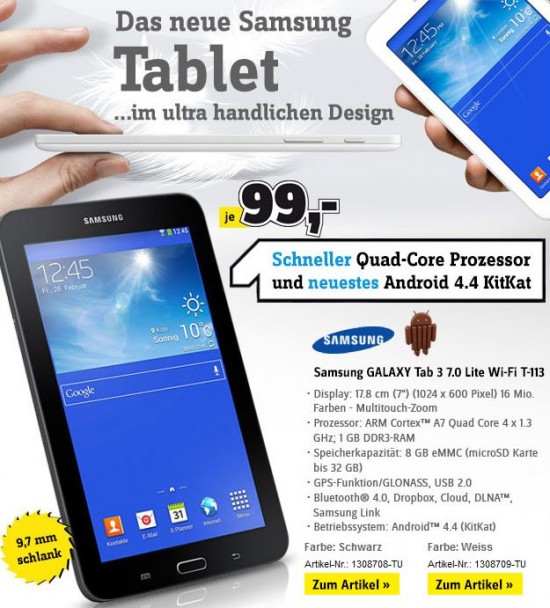 Screenshot des Newsletters mit der Bewerbung des neuen 7 Zoll Samsung Tablets
