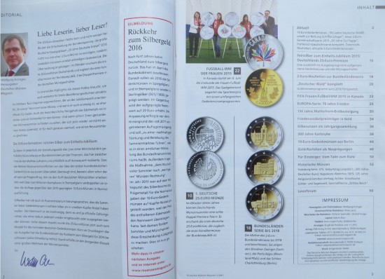 Inhaltsverzeichnis des Magazins "Deutsches Münzen Magazin" Ausgabe 3 / 2015