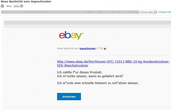 Phishing Mail mit Ebay Layout und  1blu Link