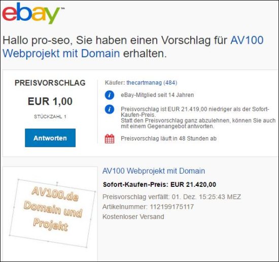 Ebay Preisvorschlag für AV100.de  1 Euro wer bietet mehr :-)